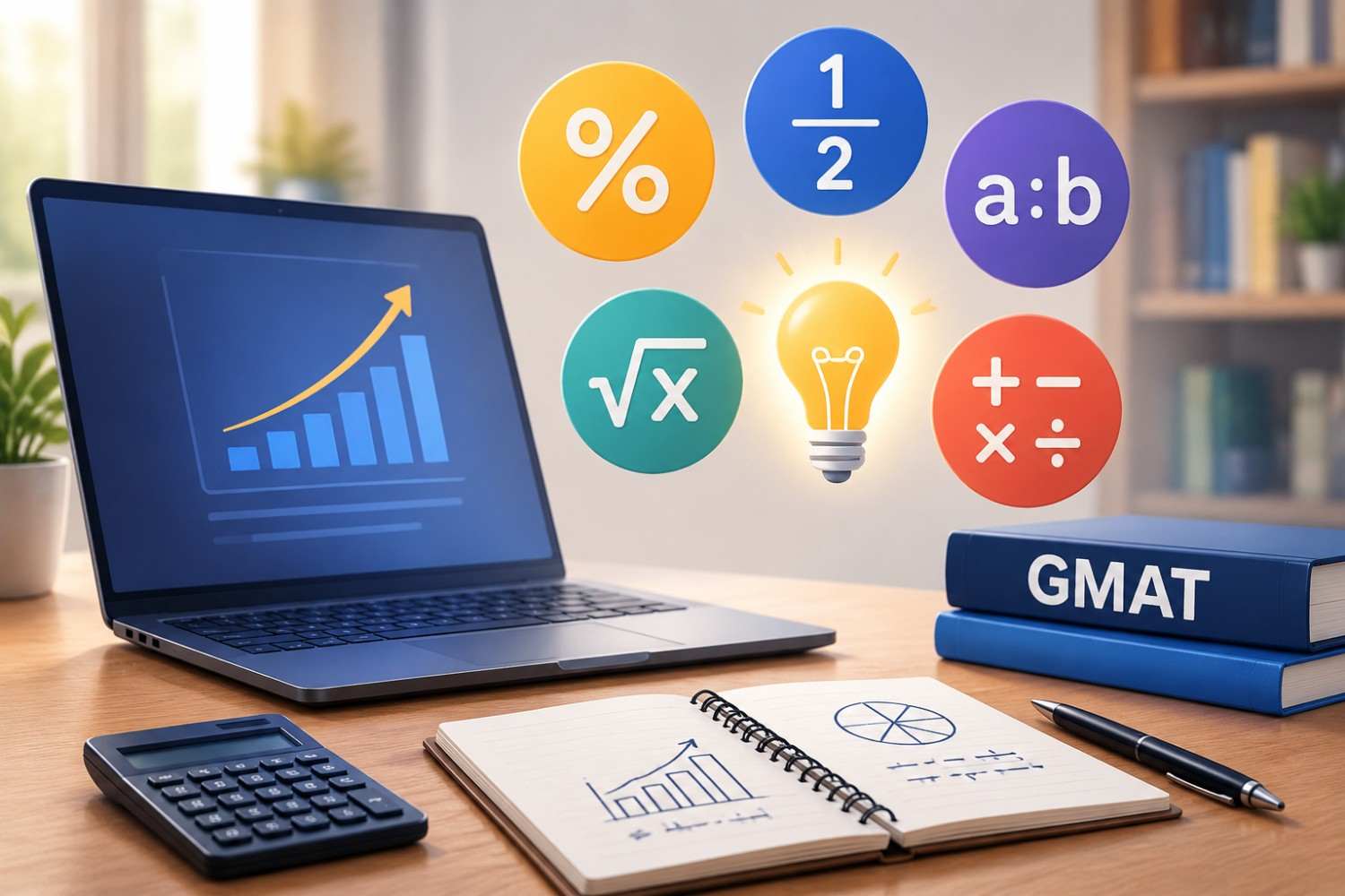 GMAT arithmetic tricks concept featuring a study desk with calculator, notebook, laptop, mathematical symbols, percentage, fractions, ratios and calculation elements representing faster Quant problem-solving strategies.